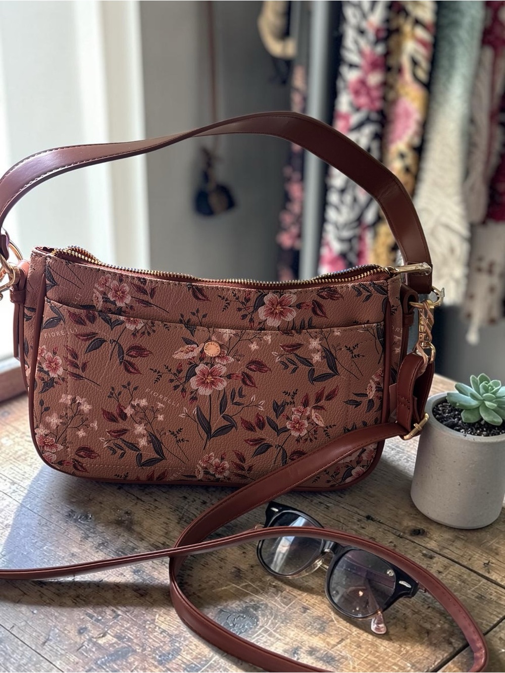 Fiorelli Floral Print Convertible Crossbody Bag Brown Pink Botanical Purse